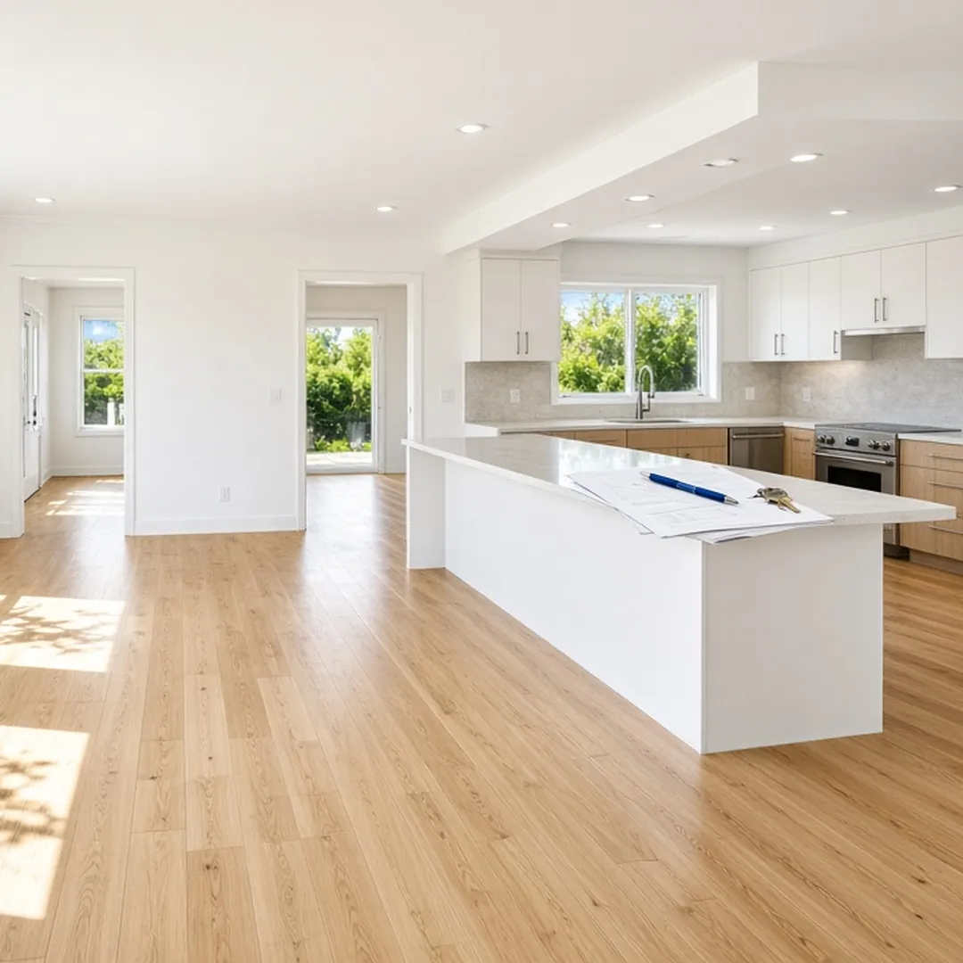 Disclosure documents and a pen on a kitchen island in a bright, empty home