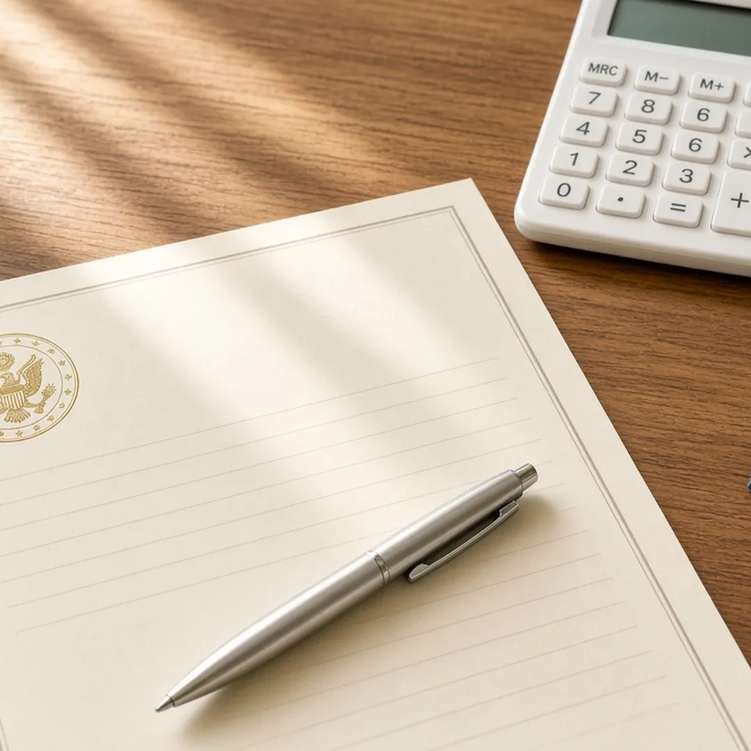Claim paperwork with a pen and a calculator on a desk