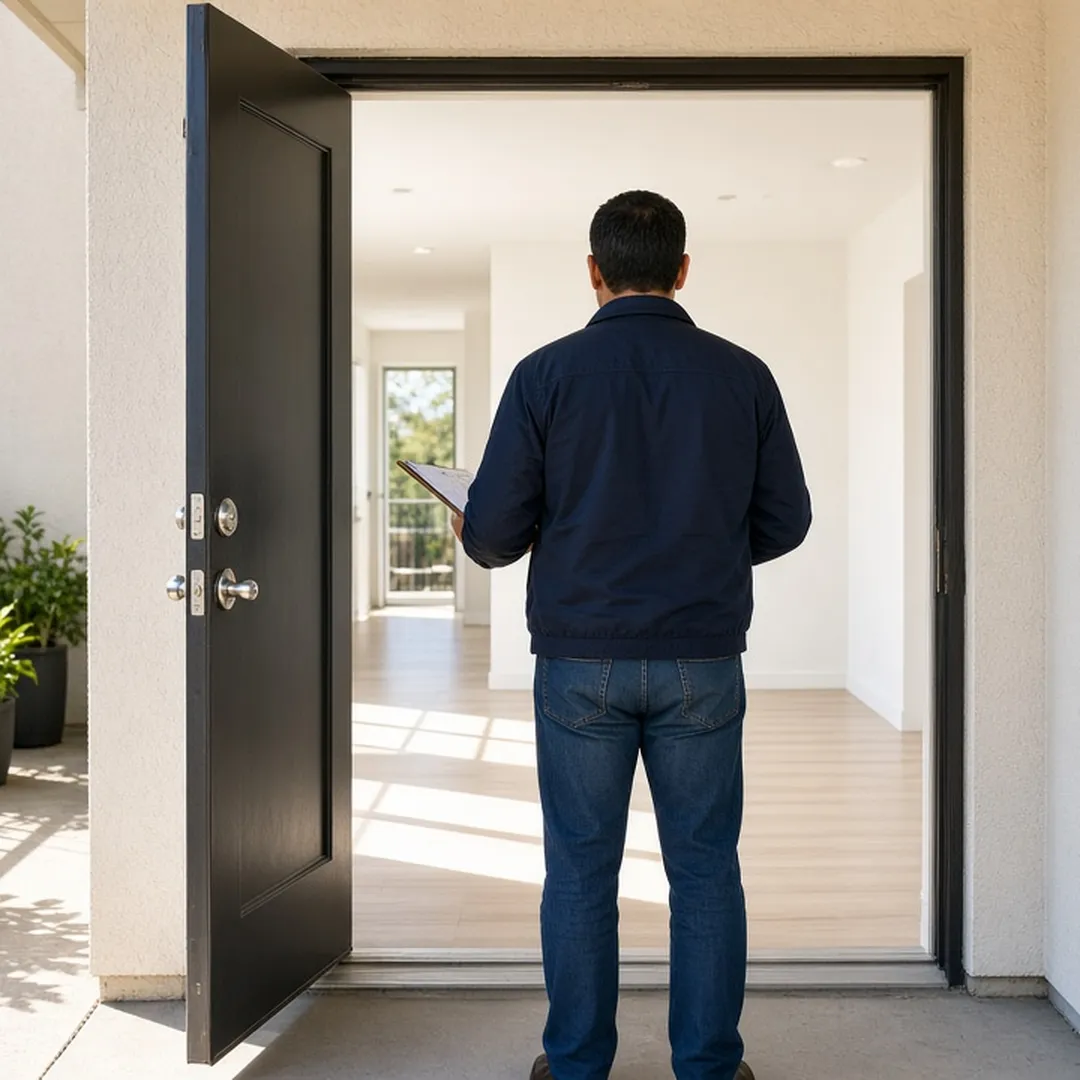 Person standing in the open doorway of a vacant rental unit