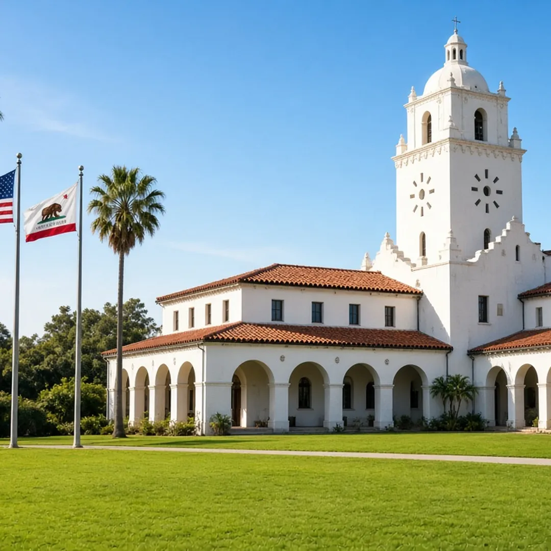White mission-style government building with a clock tower and the California and U.S. flags