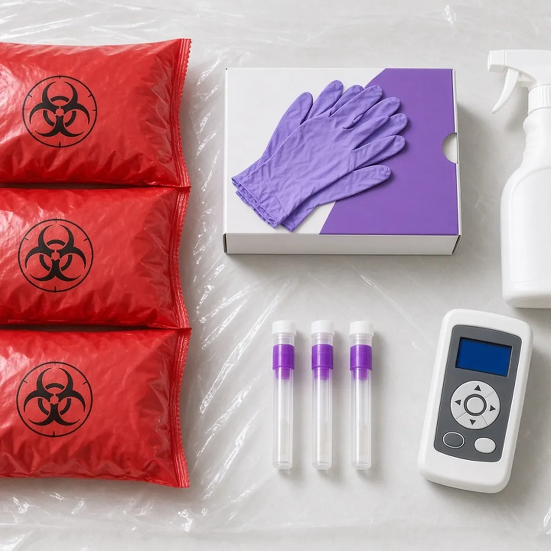 Sealed red biohazard bags, purple nitrile gloves, sample tubes, and a handheld testing meter laid out on plastic sheeting