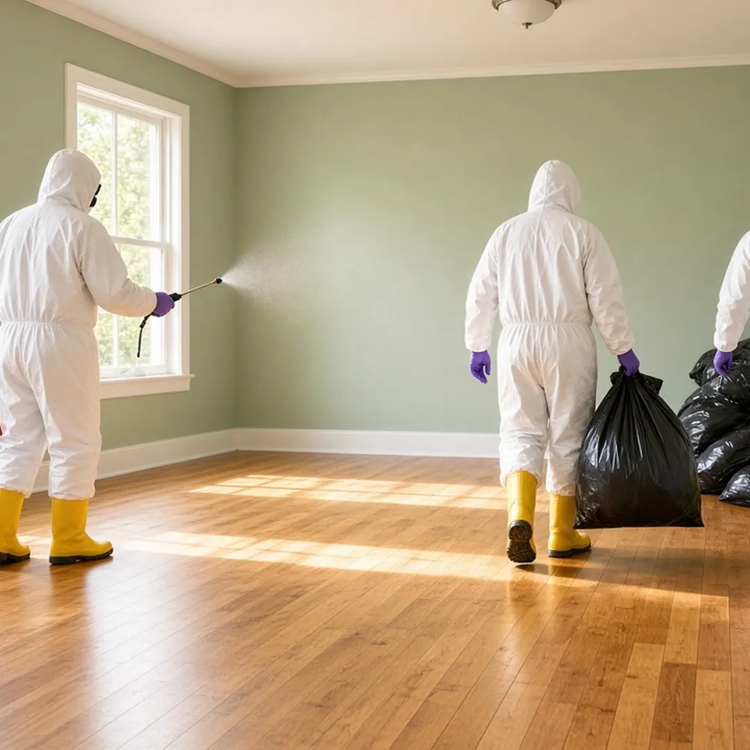 Technicians in white protective suits disinfecting the walls of a nearly empty room with sealed bags in the corner