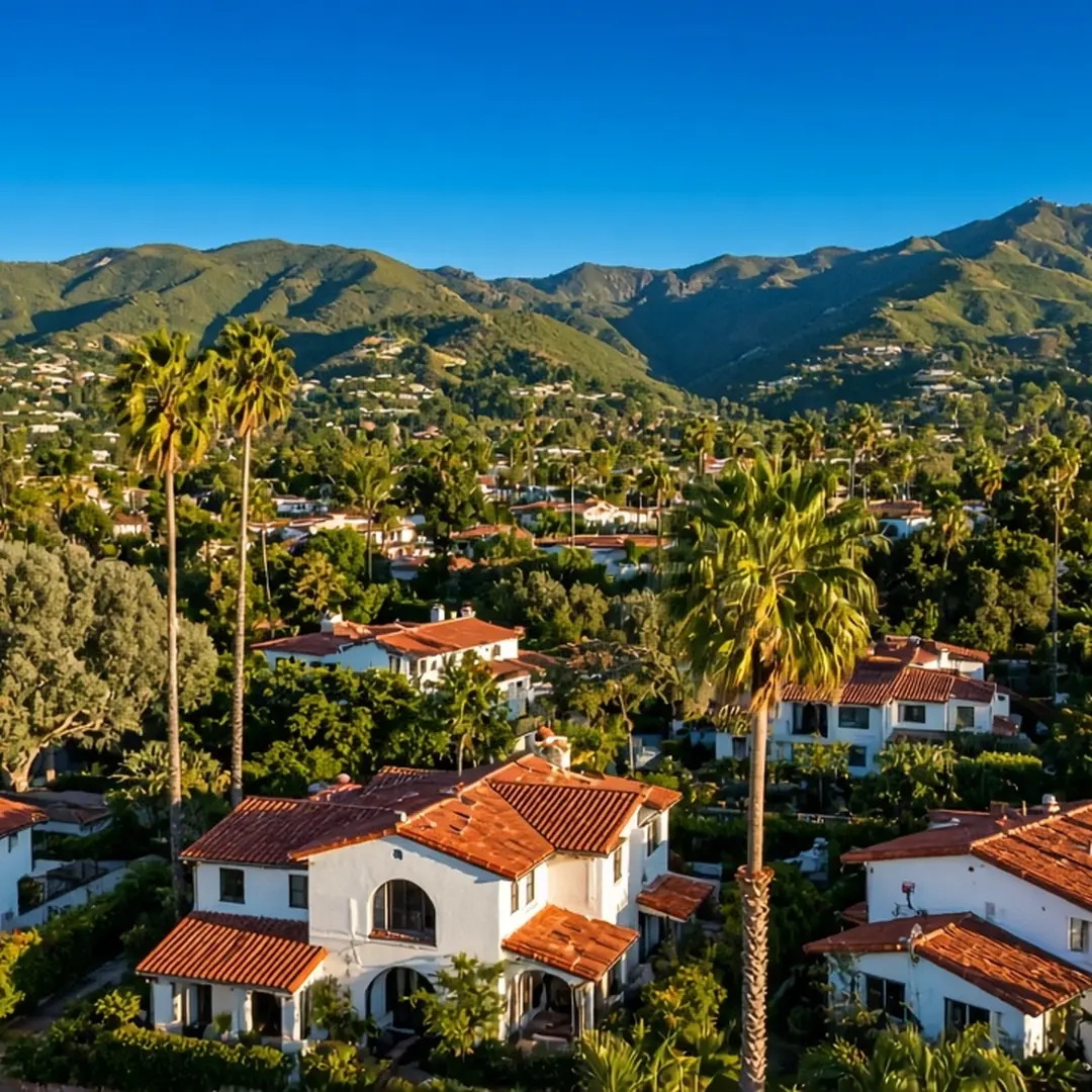 Hillside Santa Barbara neighborhood of red tile roofs and palm trees with mountains in the background