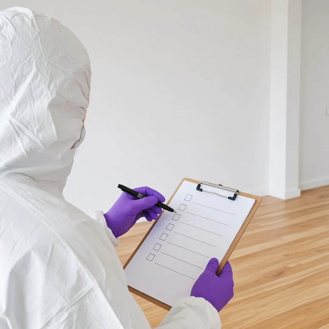 Technician in protective gear and purple gloves writing on a clipboard checklist in a clean, empty room