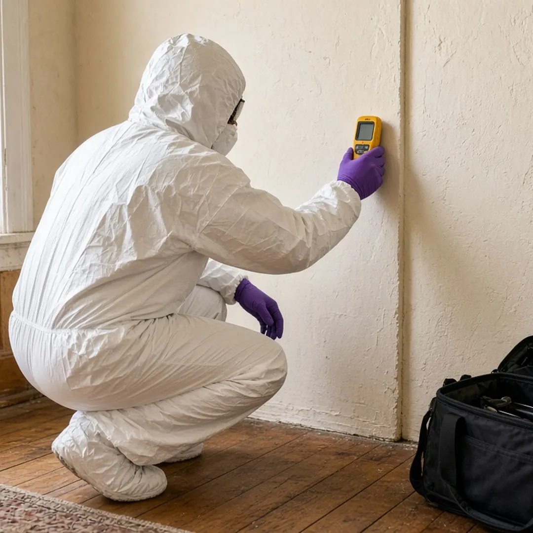 Technician in a white protective suit crouching to test a plaster wall with a moisture meter